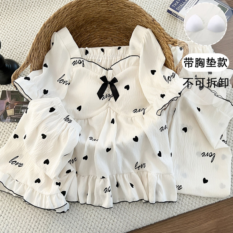 2026ins夏季新款三件套带胸垫云朵棉短袖睡衣女家居服公主风甜美