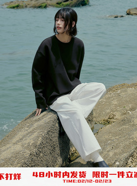 PSO Brand 男装女装【空气层】简约小皮标圆领T恤长袖上衣打底衫