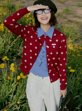 PSO Brand 女装满幅苹果修身长袖针织开衫红色毛衣外套秋季百搭