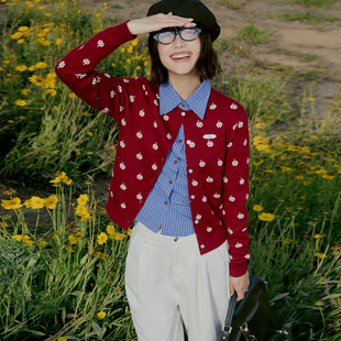 满幅苹果修身 女装 长袖 针织开衫 百搭 PSO 红色毛衣外套秋季 Brand