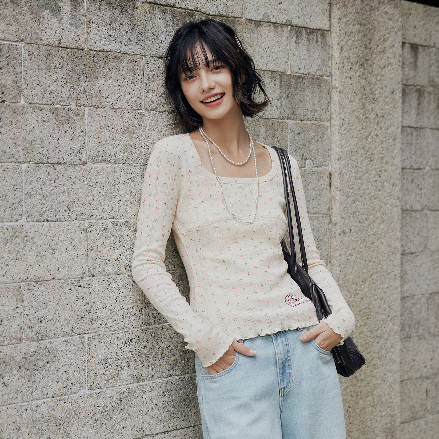 PSO Brand女装【大领口】满幅提花针织内搭打底衫修身长袖上衣秋
