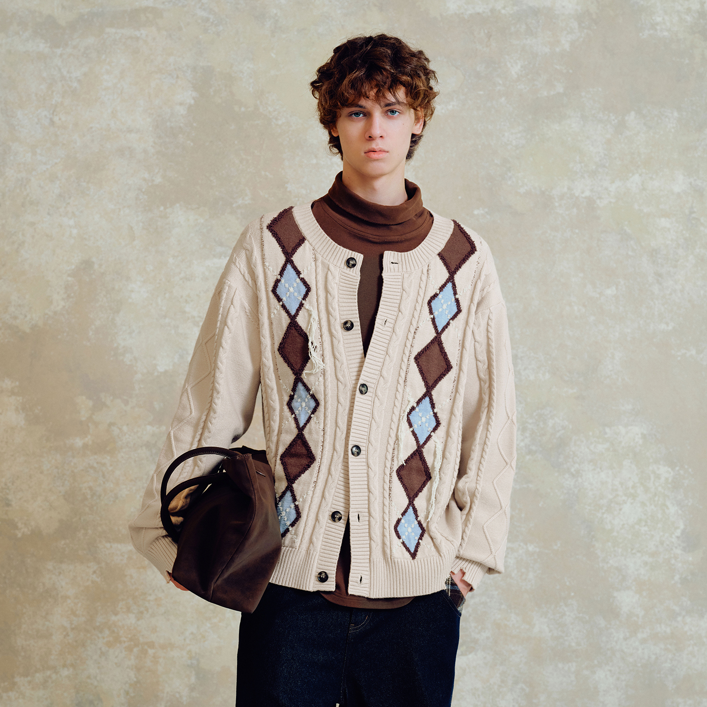 PSO Brand男装女装撞色菱格圆领女士针织衫休闲毛衣开衫外套冬季