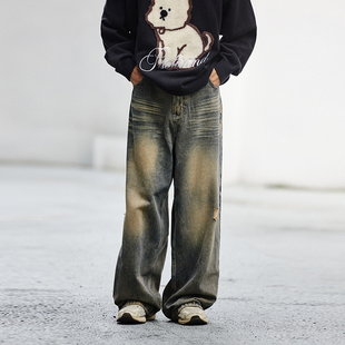 Brand 秋季 男装 赛络纺复古水洗做旧宽松直筒破洞牛仔长裤 女装 PSO