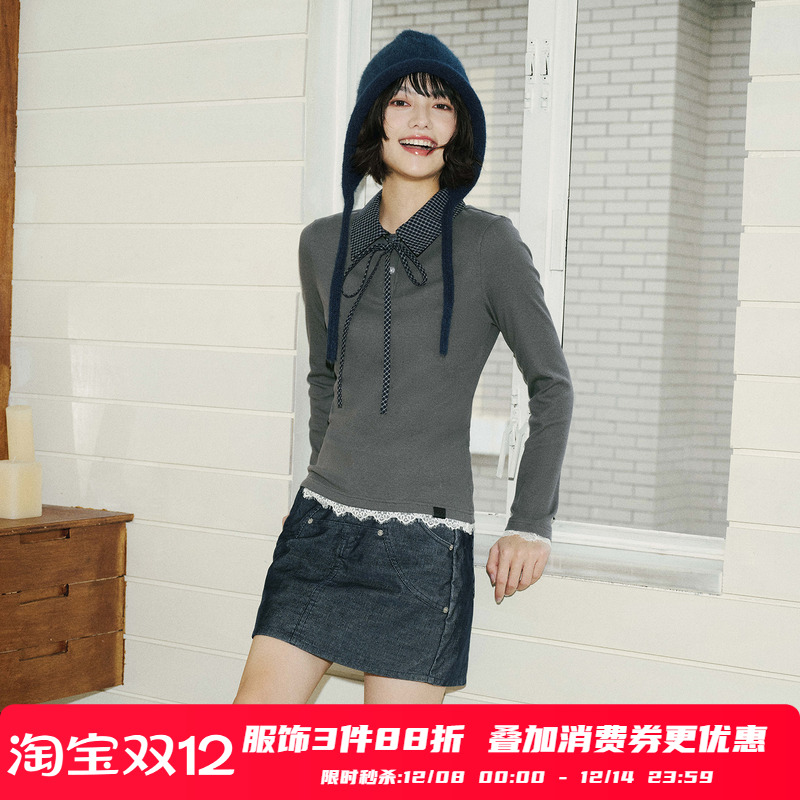 PSO Brand女装蝴蝶结格纹衬衫领蕾丝拼接正肩女T恤修身长袖上衣秋