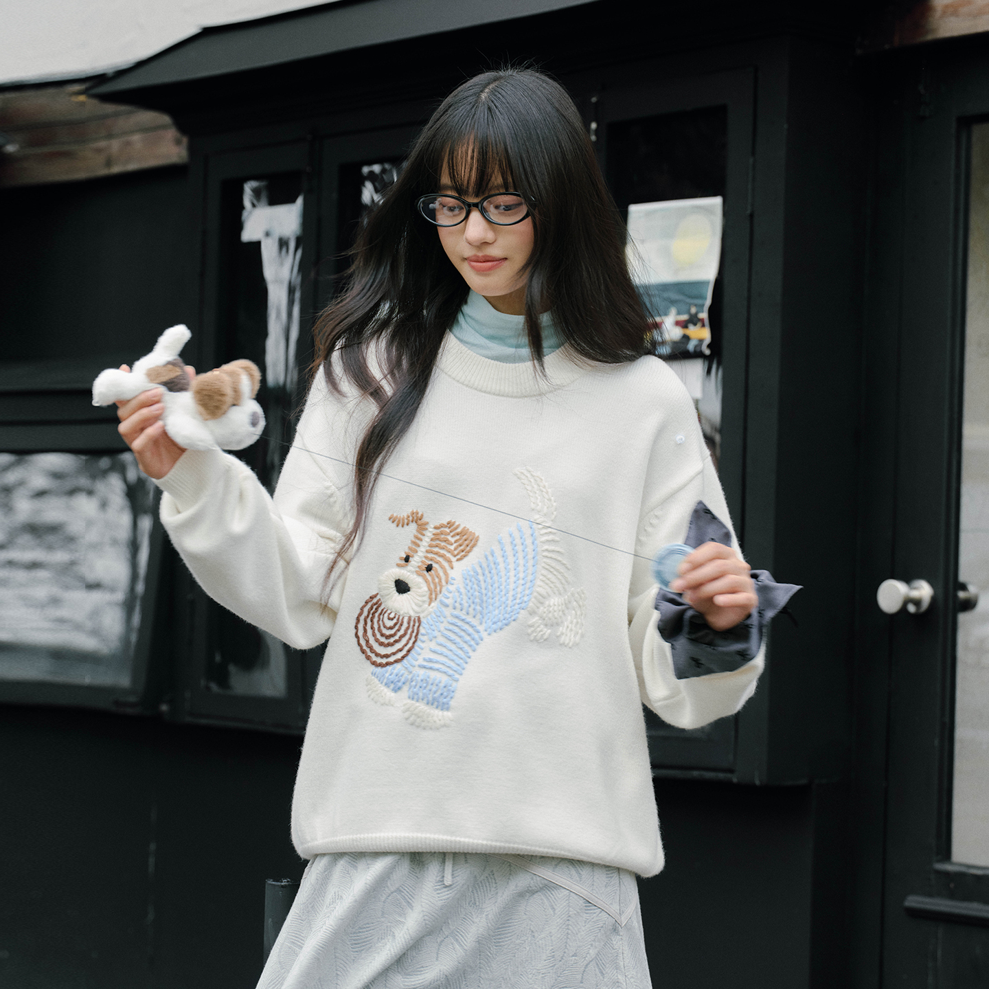 PSO Brand 男装女装飞盘小狗刺绣宽松套头毛线衣保暖女士上衣秋冬