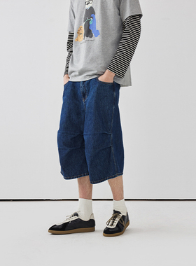 PSO Brand男装女装七分伞裤双褶水洗直筒宽松蓝色中腰牛仔裤夏季