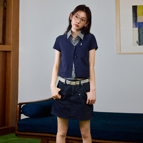 PSO Brand女装假两件美式学院风刺绣小狗衬衫针织上衣外搭开衫潮