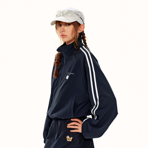 PSO Brand女装复古运动风杠条立领廓形风衣夹克藏青宽松拉链外套