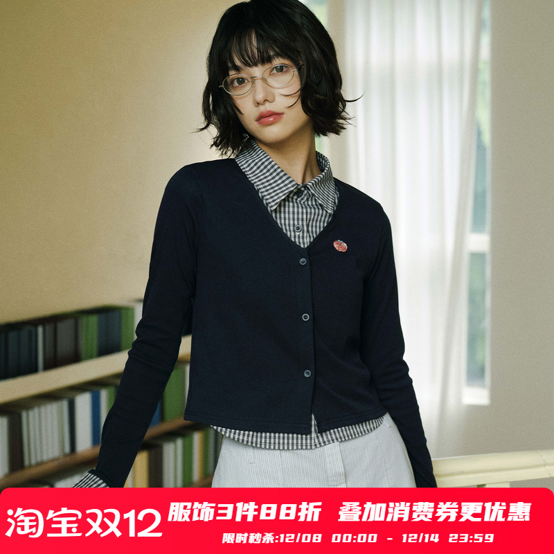 PSO Brand女装可爱苹果V领假两件拼接衬衫短款修身长袖开衫上衣秋