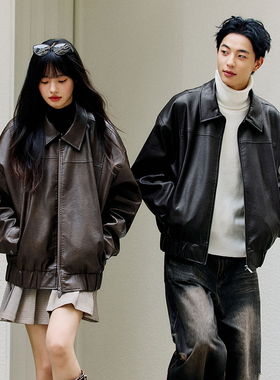 PSO Brand男装女装翻领美式黑色皮衣外套宽松飞行夹克秋冬机车服