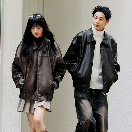 PSO Brand男装女装翻领拉链拼接皮衣美式夹克外套秋冬机车飞行员