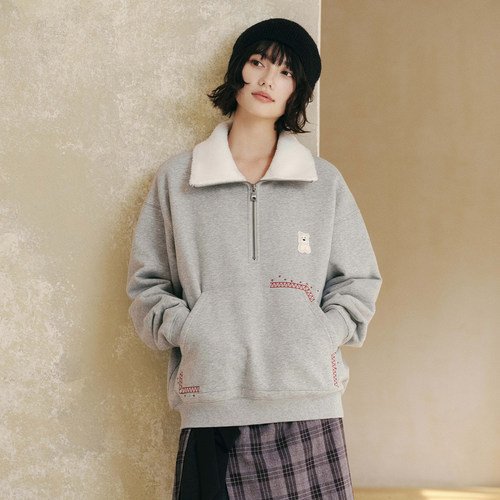 PSO Brand男装女装可爱小狗摇粒绒半拉链毛领宽松套头卫衣女款冬