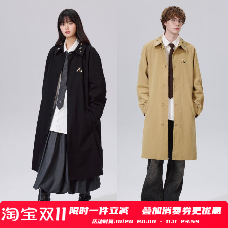 PSO Brand男装女装斜纹刺绣翻领风衣中长款大衣外套女秋冬季潮牌