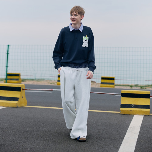 PSO Brand男装女装假两件可爱小狗格纹卫衣宽松polo衫上衣情侣装