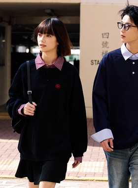 PSO Brand 男装女装假两件针织polo衫男款宽松长袖上衣衬衫情侣装