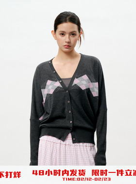 PSO Brand女装薄款菱格撞色V领灰色毛衣开衫宽松休闲针织衫外套