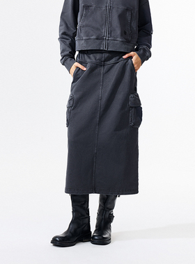 PSO Brand女装黑色水洗工装针织中长款直筒半身裙遮胯百搭裙子潮