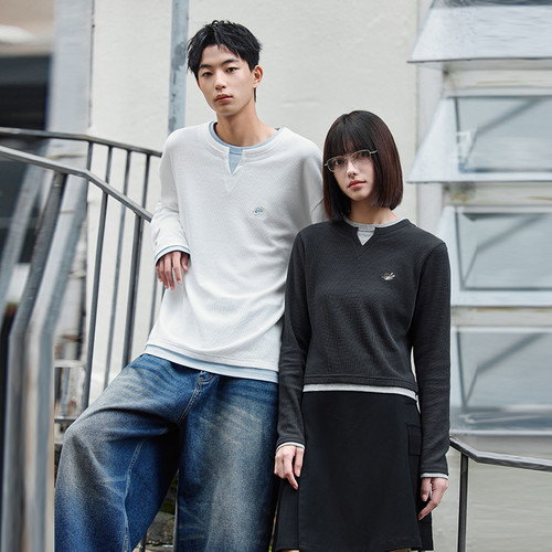 PSO Brand男装女装假两件撞色刺绣白色打底女内搭宽松长袖T恤上衣