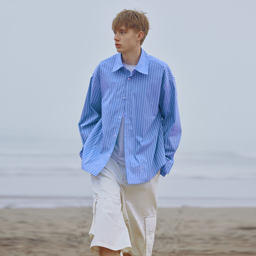 PSO Brand男装女装蓝条纹刺绣款宽松休闲衬衫长袖上衣情侣百搭