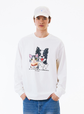 PSO Brand男装女装针织可爱猫狗圆领长袖T恤外穿春体恤宽松休闲