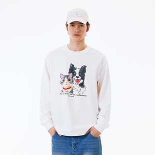 PSO Brand男装女装针织可爱猫狗圆领长袖T恤外穿春体恤宽松休闲