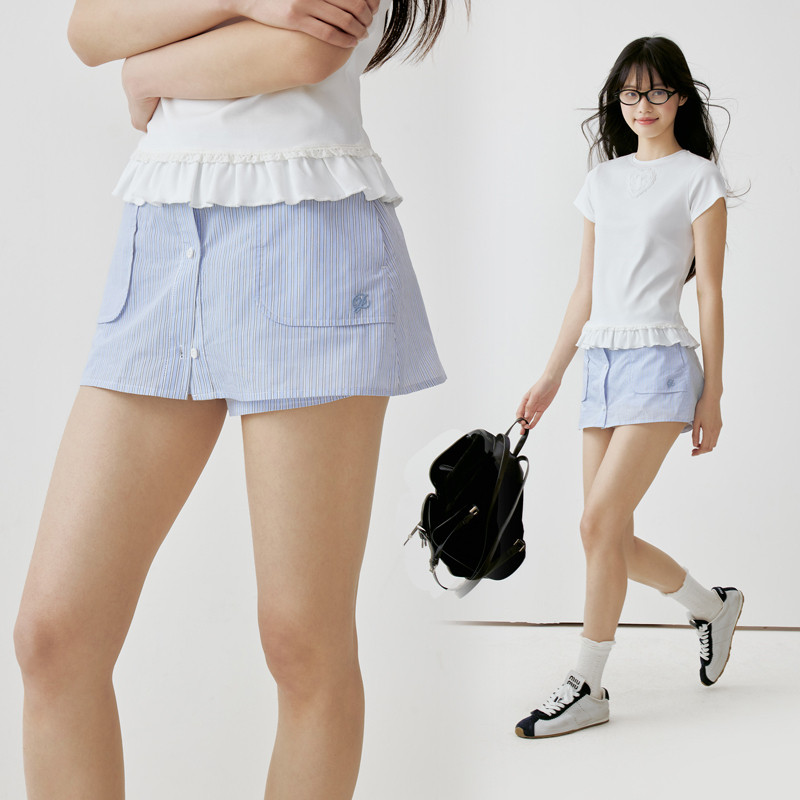 PSO Brand女装【假两件】棉锦混纺美式条纹夏季显瘦休闲短裙裤潮 - 实物图
