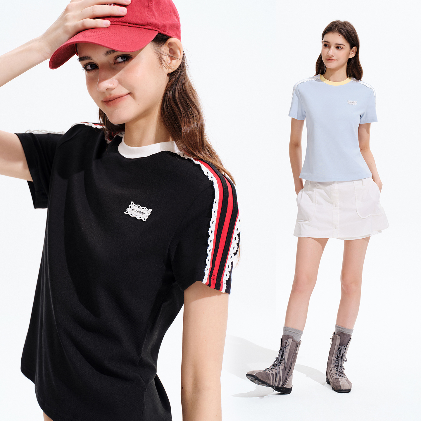 PSO Brand女装【凉感速干】圆领撞色针织女款短袖t恤休闲蕾丝上衣