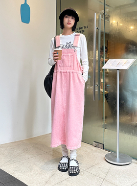 PSO Brand女装水洗炒盐显瘦甜美做旧中长款牛仔背带连衣裙潮休闲