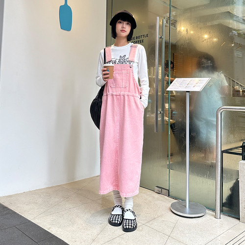 PSO Brand女装水洗炒盐显瘦甜美做旧中长款牛仔背带连衣裙潮休闲