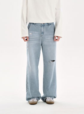 PSO Brand男装女装复古水洗斜纹微破洞浅蓝色牛仔裤男款垂坠长裤