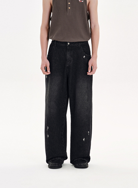 PSO Brand男装女装复古破洞直筒黑色牛仔裤男款宽松阔腿弯刀长裤