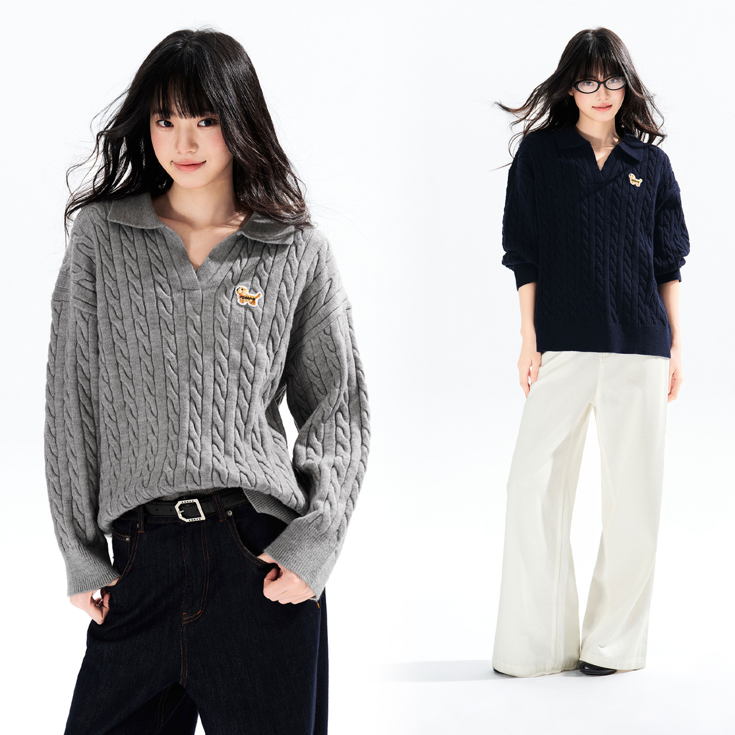 PSO Brand女装可爱小狗麻花纹V领女士毛衣外套休闲灰色针织衫春季