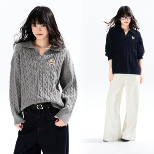 春季 可爱小狗麻花纹V领女士毛衣外套休闲灰色针织衫 Brand女装 PSO