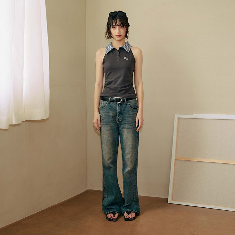 PSOBrand女装【假两件】可爱小狗刺绣格纹polo领女士无袖背心夏季