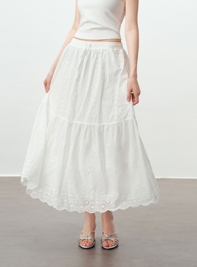 PSO Brand女装蕾丝花边大裙摆休闲宽松白色裙子中长款A字半身裙