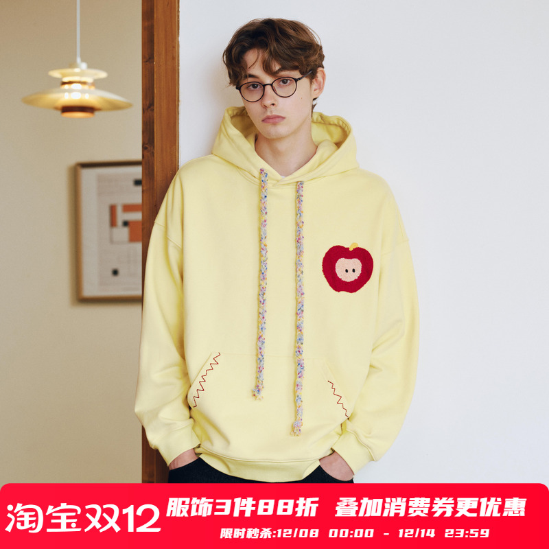 PSO Brand男装女装可爱苹果撞色绣花宽松加绒加厚连帽卫衣外套冬