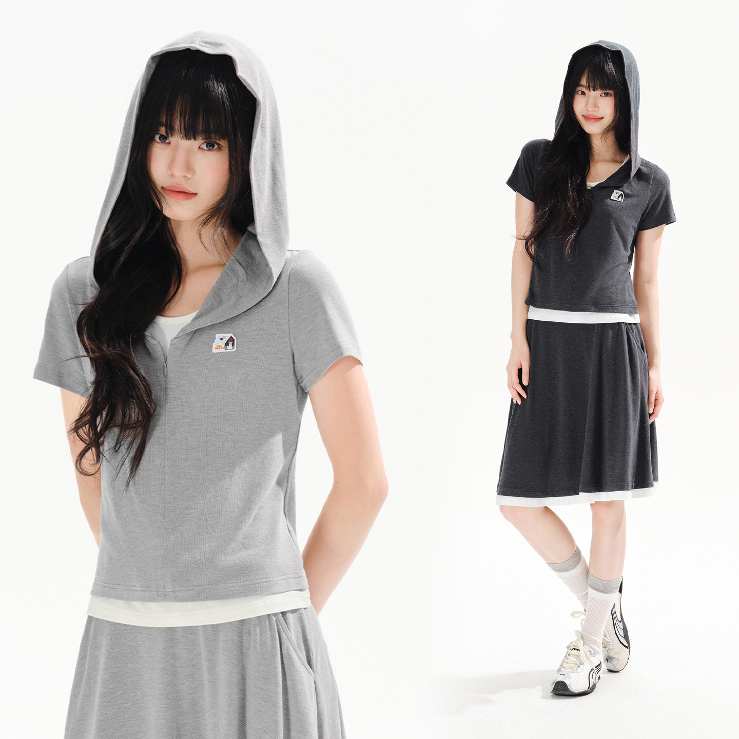 PSO Brand女装假两件可爱小狗连帽灰色短袖t恤休闲显瘦女士上衣