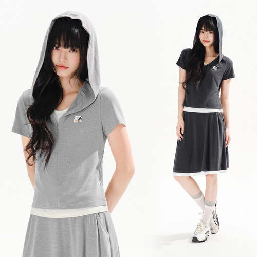 PSO Brand女装假两件可爱小狗连帽灰色短袖t恤休闲显瘦女士上衣