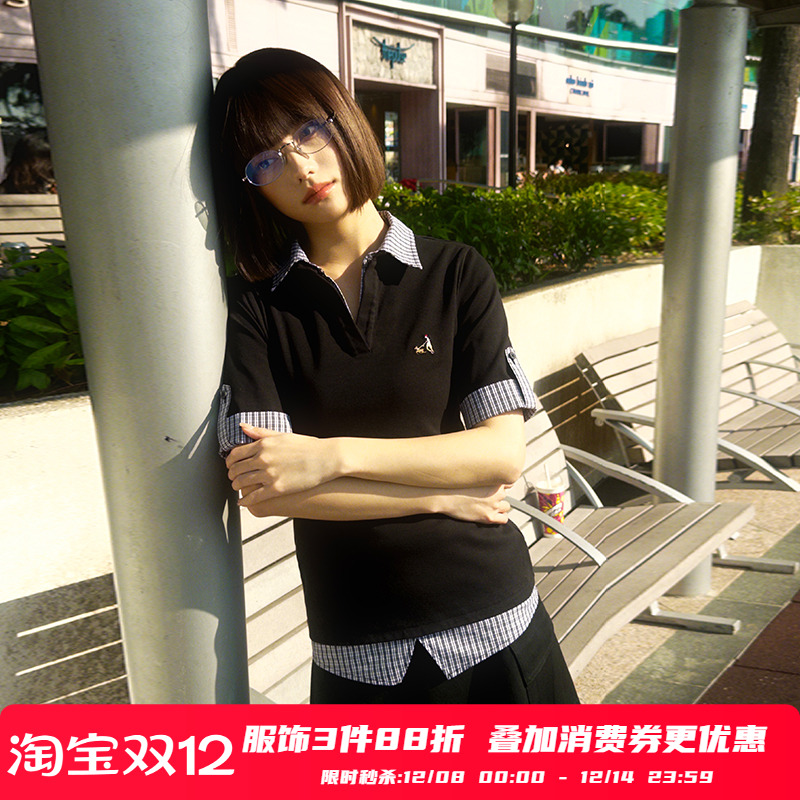 沈月同款PSO Brand女装假两件格子短袖条纹POLO领修身显瘦夏正肩