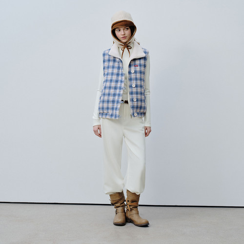 PSO Brand 女装立领格纹撞色棉服坎肩马甲保暖棉袄女款冬季马夹