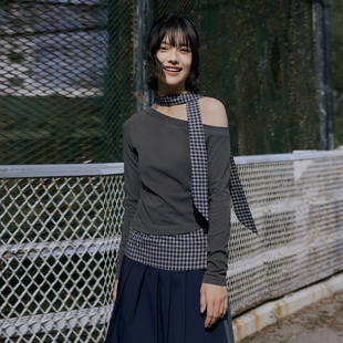 T恤修身 PSO 格纹系带围脖拼接下摆长袖 女装 斜肩上衣设计感 Brand