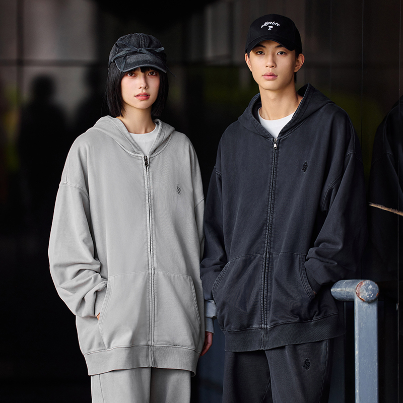 PSO Brand男装女装纯色针织刺绣水洗连帽开衫卫衣休闲宽松慵懒风