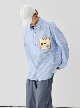 PSO Brand男装女装蓝色条纹梭织可爱薄款长袖衬衫休闲宽松衬衣春