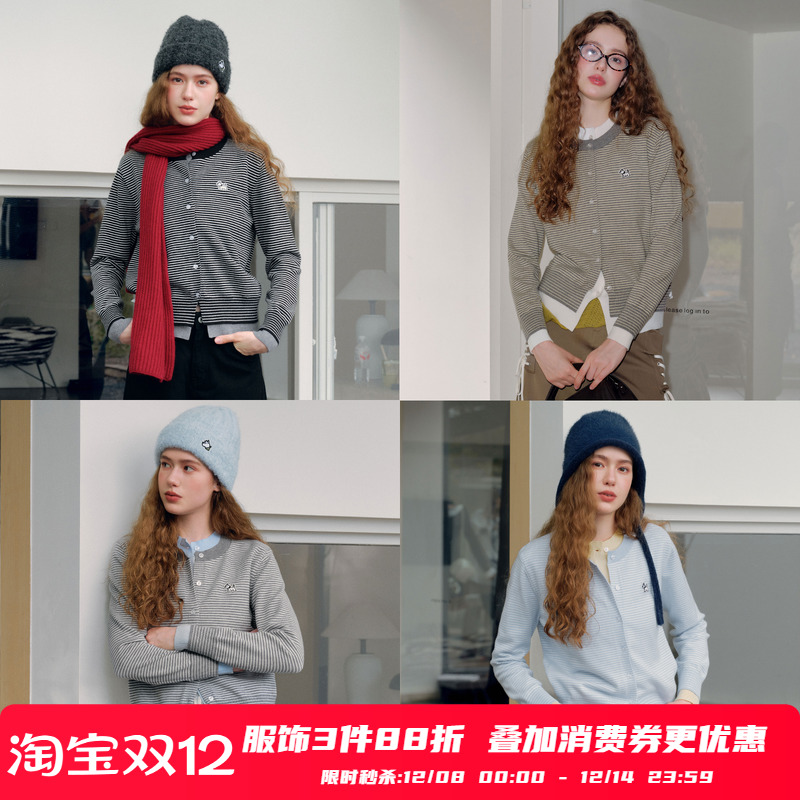 PSO Brand女装假两件围巾条纹撞色针织衫毛衣女短款上衣外套秋季