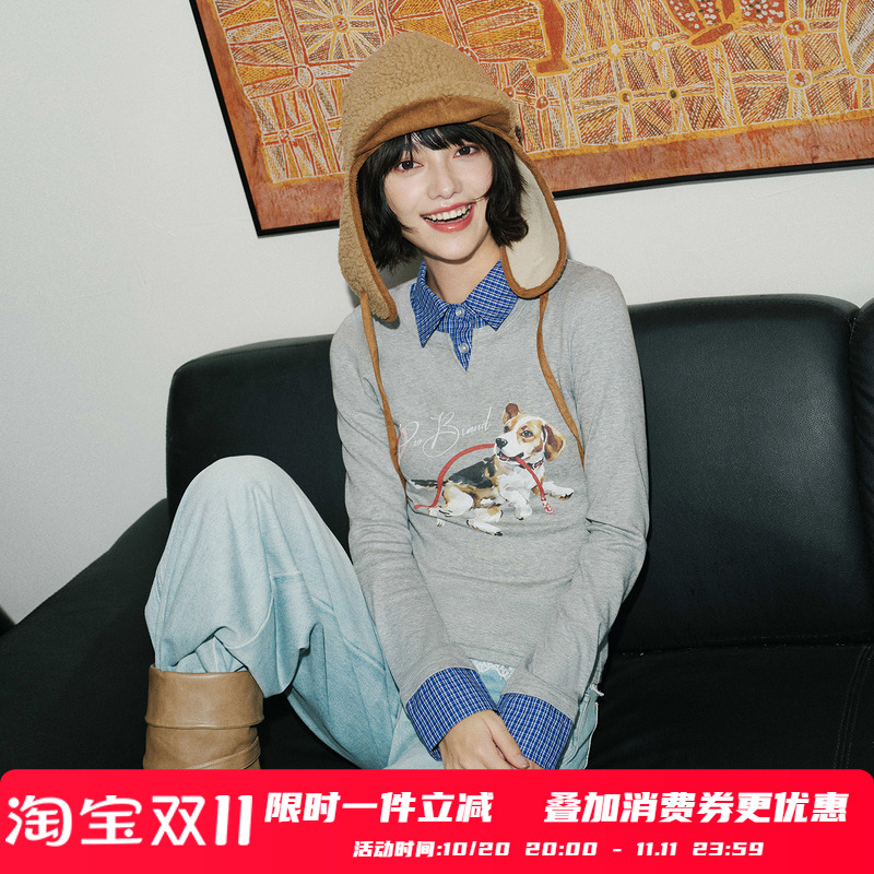 PSO Brand男装女装【假两件】可爱比格犬格纹情侣长袖T恤上衣潮牌