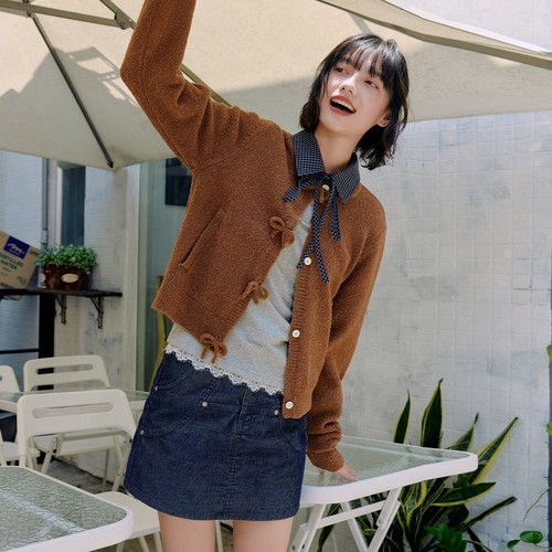 PSO Brand女装【含羊毛】MIU系蝴蝶结长袖针织开衫毛衣保暖百搭秋