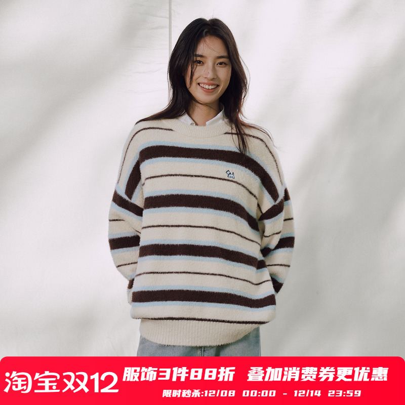 PSO Brand男装女装撞色圆领条纹毛衣男款冬季宽松上衣慵懒毛线衣