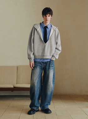 PSO Brand男装女装假两件V领条纹衬衫拼宽松卫衣女款加厚秋季外套