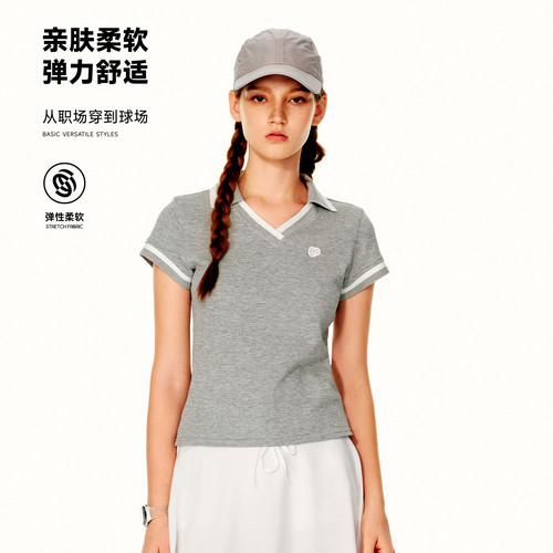 PSO Brand 女装复古学院风撞色V领运动短袖t恤休闲Polo衫上衣夏季