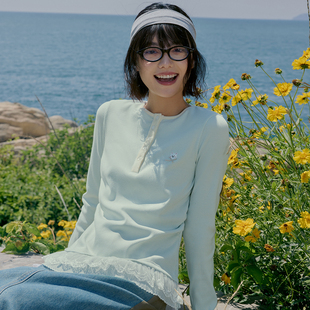 假两件蝴蝶结可爱小狗花边条纹亨利领T恤女上衣秋 女装 PSO Brand